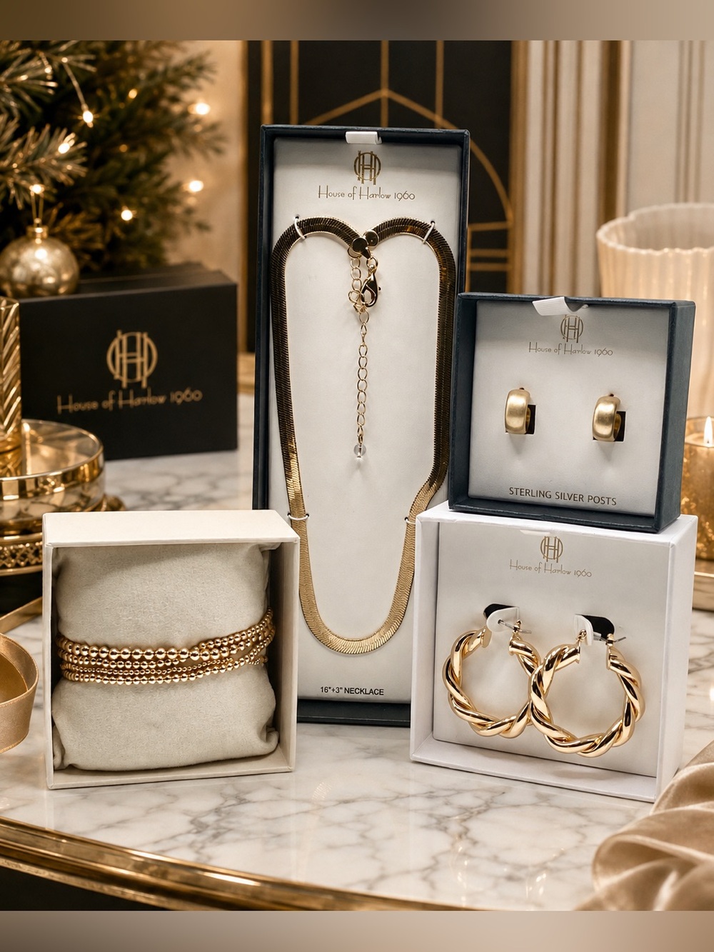 House of Harlow 1960 Gold Jewelry 4 Pc Set Boxed Necklace Earrings Bracelet